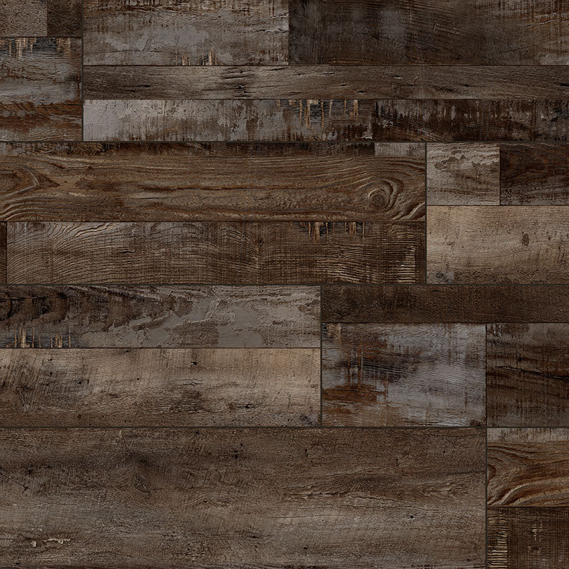 MSI XL Cyrus Bembridge Luxury Vinyl Planks BOX (22.44 SQFT) features dark brown, rustic planks in a staggered pattern with varied textures, grain, and weathered areas for a reclaimed look. Large rigid-core planks offer stylish, waterproof durability.